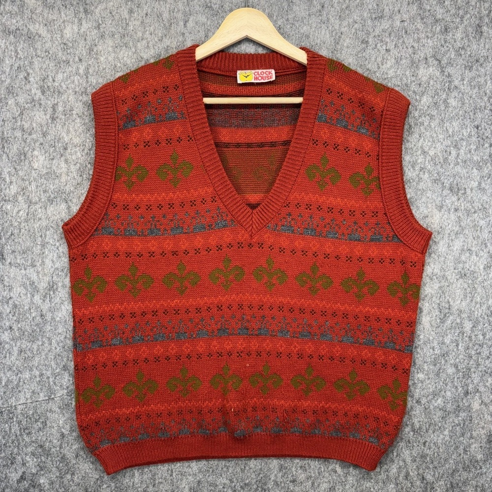 True Vintage Sweater Vest Men's 46 Large‎ Orange Knit 80s V Neck